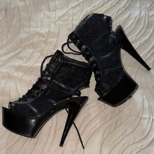 Black Lace-Up Platform Stiletto Booties - Women